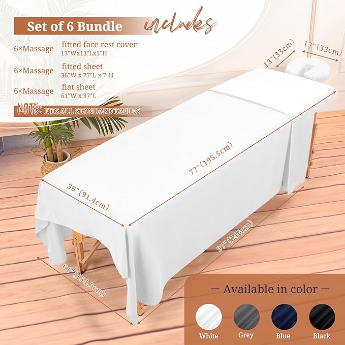 18Pcs 6 Sets Massage Table Sheets Set 3 Piece Set Includes Massage Bed Sheets, Massage Bed Cover Massage Face Rest Cover, Spa Bed Cover Massage Sheets Sets for Beauty Salon and Home Spa (White)