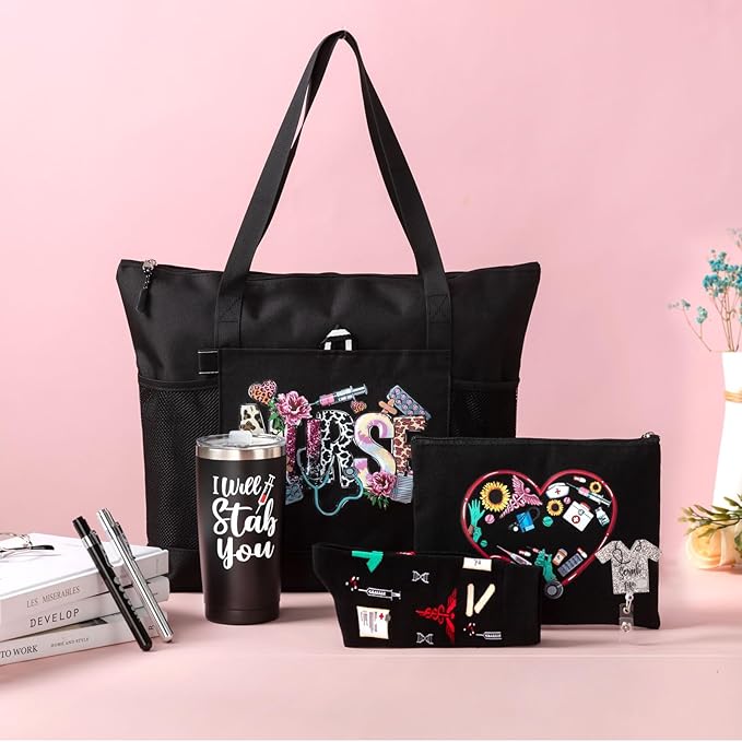 7 Pcs Nurse Gifts for Womem Appreciation Gift Set Include Nurse Tote Bag Penlight Makeup Bag Socks for Nurse Graduation Appreciation Thank You Gift for CNA Rn LPN LVN Practitioner