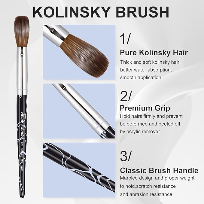 Acrylic Nail Art Brush Size 20, 100% Pure Kolinsky Hair Oval Nail Brush for Acrylic Application, Professional Nail Extension Manicure Tool Striping Nail Drawing Pen for DIY Home Salon