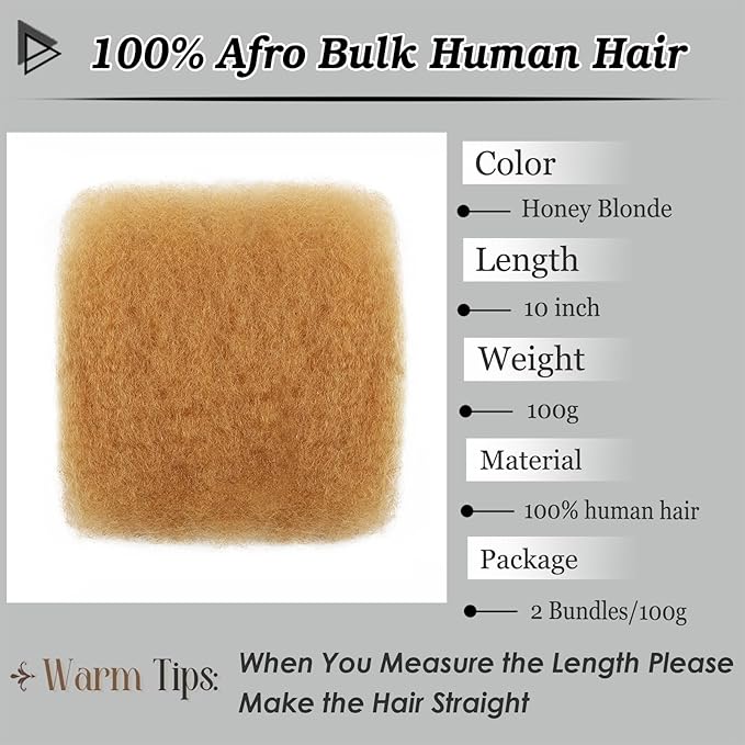 Afro Kinkys Bulk Human Hair 10 Inch 100g Honey Blond Afro Kinky Curly Human Hair Bulk for Dreadlock Extensions, Micro Locs, Braiding Twists, Braids and Repair Locs(10 Inch, 27#)