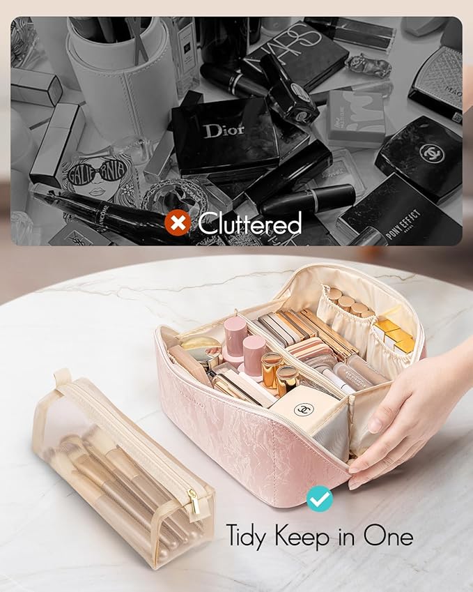 Vlando Makeup Bag,Travel Makeup Bag Waterproof Portable Cosmetic Bag PU Leather Open Flat Make up Organizer for Toiletries,Christmas Gifts Birthday Gifts for Women Girls Travelers(Sand Pink)