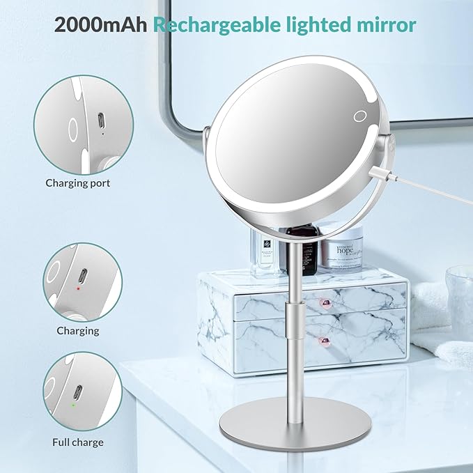 Lighted Magnifying Mirror 10X 1X Magnification, Double Sided Makeup Mirror, Rechargeable LED Beauty Mirror with 3 Color Setting, Adjustable Height Vanity Desk Mirror (Silver)