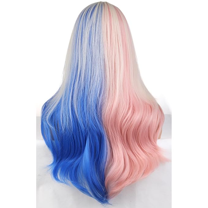 BERON Pink and Blue Wigs Long Wavy Wig for Women Girls Ombre Color Heat Resistant Synthetic Hair Wigs for Cosplay Party Daily or Use