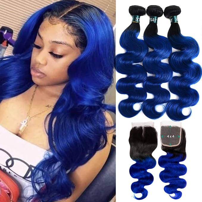 Blue Human Hair Bundles with Closure, Ombre Brazilian Straight Hair 3 Bundles 1b/Blue Remy Silky Body Virgin Human Hair (121416with10)