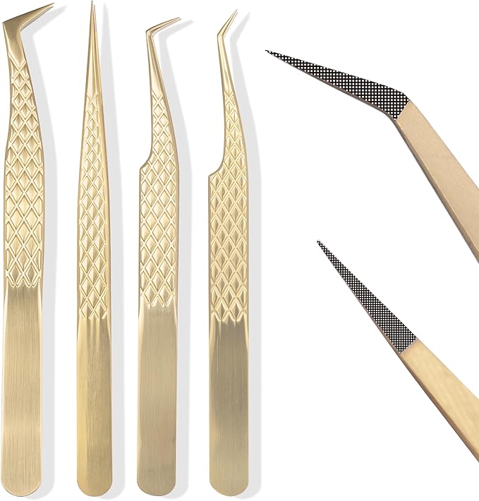 Fiber Tip Lash Tweezers For Eyelash Extension 4 Pcs Tweezers Professional Artist Tech Work Kit Tools,Best Volume Eyelash Lashes Extensions Precision Supplies Volume Boot 90 45 Degree(Gold)