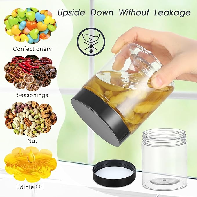36PCS16OZ Plastic Jars with Screw On Lids, Pen and Labels Refillable Empty Round Slime Cosmetics Containers for Storing Dry Food, Makeup, Slime, Honey Jam, Cream, Butter, Lotion (matte black)