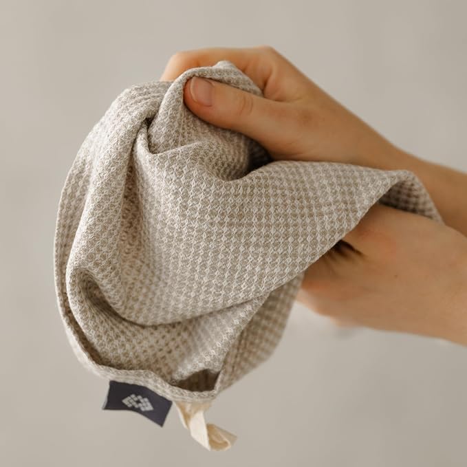 Linen Kitchen Towels - Waffle Towels 16x28-inch - Linen Hand Towels for Bathroom - Set of 2 Dish Towel White-Natural Lightweight Stonewashed Quick-Dry