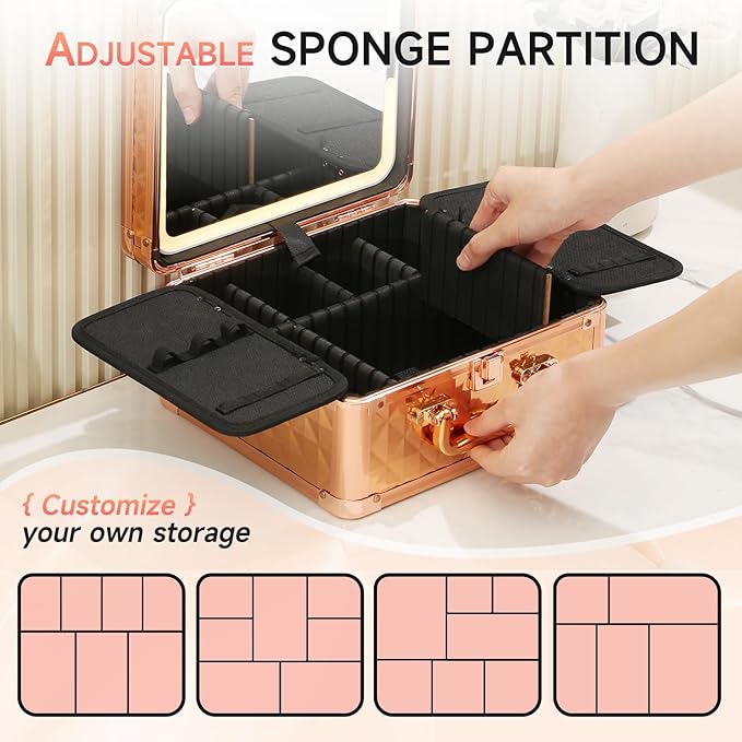 Leeora&Leekoo Makeup Box with LED Mirror & Aluminum Frame, Compact Multi-Layer Cosmetic Organizer - Portable ABS Travel Train Case for Makeup Storage(Gift for Girlfriend/Daughter) (Rose Gold)
