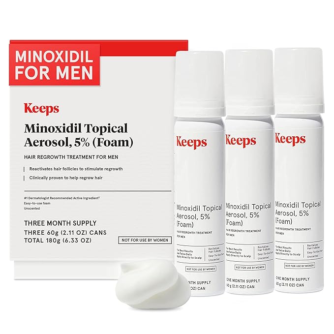 Keeps Extra Strength Minoxidil for Men Topical Aerosol Foam 5%, Hair Growth Treatment - 3 Month Supply (3 x 2.11oz Bottles) - Thicker, Longer Hair - Slows Hair Loss & Promotes Hair Regrowth