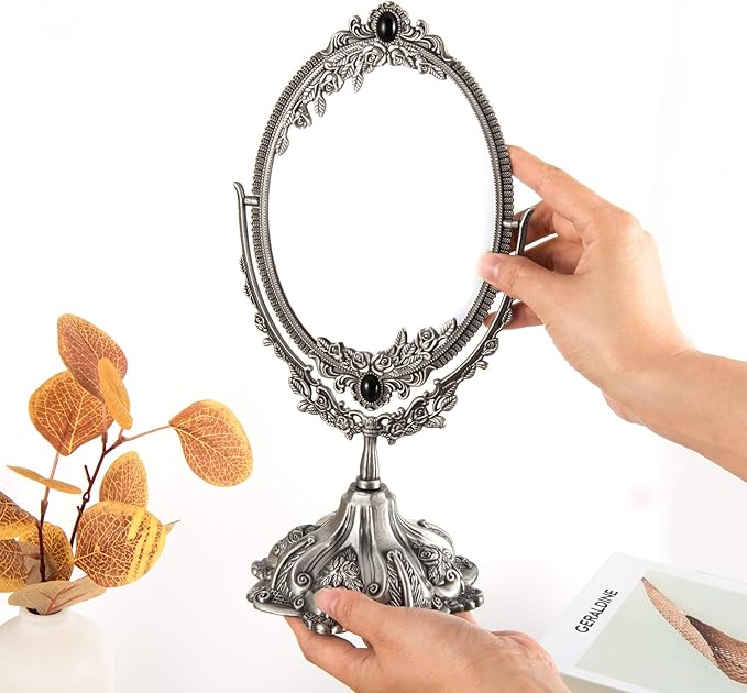 Feyarl Small Vintage Makeup Mirror Floral Tabletop Oval Vanity Mirror with Stand Dressing Room Swivel Double Sided Elegant Decorative Mirror Embossed Frame (Pewter)