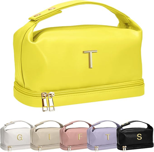 Monogram Gifts for Women, Personalized Makeup Bag with Handle, Initial Double Layer Cosmetic Bag with Makeup Brush Organizer, Cute Cosmetic Pouch for Women, Gifts for Friends Female Mom