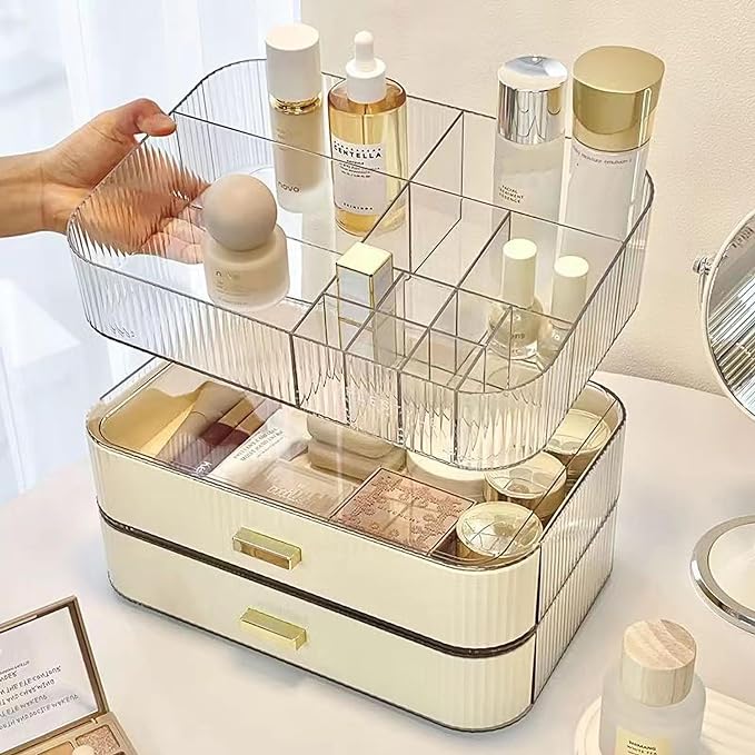 MIUOPUR Stackable Makeup Organizer Drawers, Bathroom Vanity Organizers and Storage, Ideal for Desk and Dresser Countertops, Great for Cosmetics, skincare, Lipsticks, Nail Care -Cream