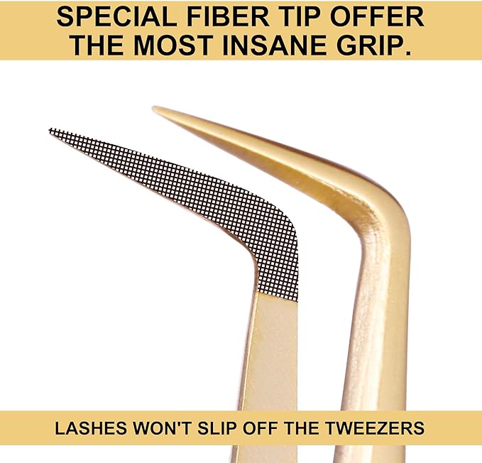 Fiber Tip Lash Tweezers For Eyelash Extension 4 Pcs Tweezers Professional Artist Tech Work Kit Tools,Best Volume Eyelash Lashes Extensions Precision Supplies Volume Boot 90 45 Degree(Gold)