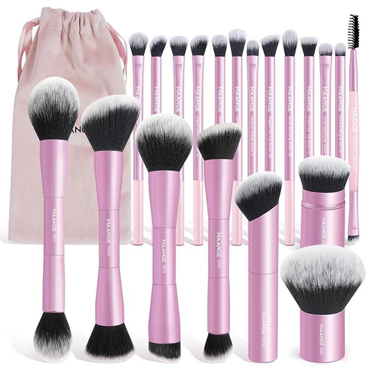 MAANGE 20 PCS Foundation Makeup Brush Set, Double-ended Kabuki Contour Brush for Liquid Powder Concealer Blending Blush Buffing Makeup Tools (Pink)