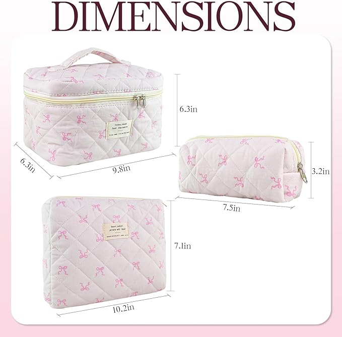 3Pcs Quilted Makeup Bag, Cute Floral Cotton Cosmetic Bag set, Coquette Bow Makeup Pouch Large Travel Toiletry Bag