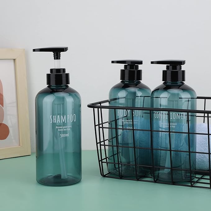 Shampoo Bottles with 2 Extra Pumps, Segbeauty 3pcs 16.9oz Bathroom Shampoo and Conditioner Dispenser with Funnel, 500ml Empty Plastic Refillable Shampoo Bottles for Shower, Large Pump Bottles Blue