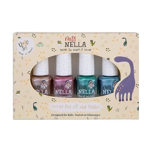 MISS NELLA DINO COLLECTION 4 Chrome nail polish set- Sweet-osaurus- coper, Diplodo-kiss- pink, Rawr-some - blue, Dino-rific- green, Peel Off kids Nail Polish