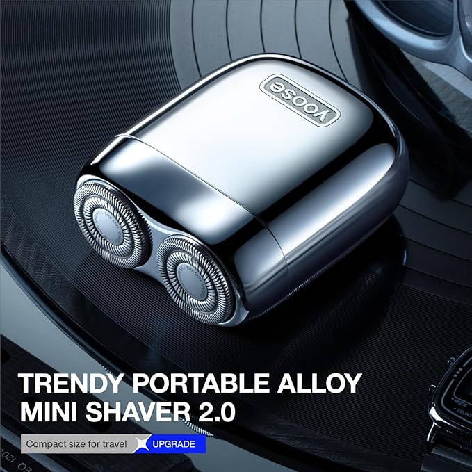 yoose Mini Shaver On-The-Go, Portable Alloy Electric Shaver for Men, Cordless Travel Shavers, Dry Shave, USB-C Rechargeable Electric Razor, IPX7 Waterproof, Easy Cleaning, Battery Indicator, Silver