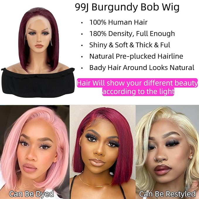 99j Bob Wig Human Hair 13X4 HD Transparent Burgundy Lace Front Wigs Human Hair for Women 180% Density Frontal Wigs Pre Plucked with Baby Hair Glueless Straight Red Bob Wigs 16 inch