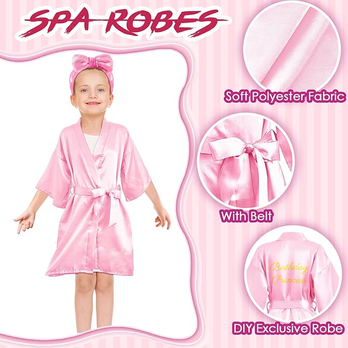 Jecery 18 Pcs Spa Party Supplies for Girls 6 Satin Kimono Robe 6 Spa Headband 6 Disposable Foam Pedicure Slippers (Pink,Size 14)