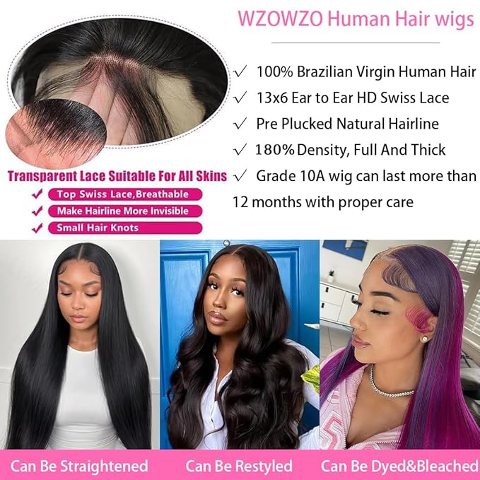 13x6 Human Hair Lace Front Wigs 180% Density Straight Human Hair Wigs with Baby Hair 13x6 HD Lace Front Wigs Human Hair Pre Plucked for Women Gluless Frontal Wigs Human Hair 26 Inch