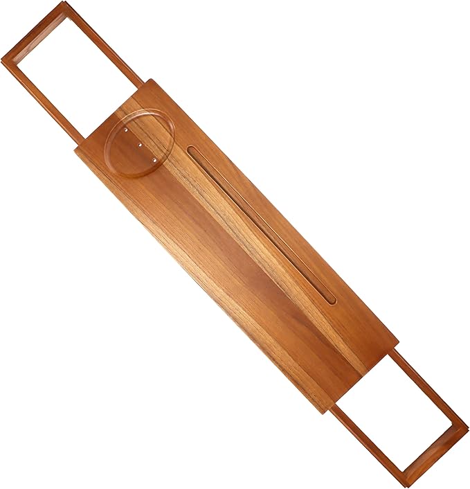 3 Piece Teak Spa Gift Set – Adjustable Bath Tray with Soap Holder – Includes Teak Bathtub Tray, Bath Pillow and Exfoliating Scrubber - Great Bathroom Organizer for Relaxation or Suitable for a Gift