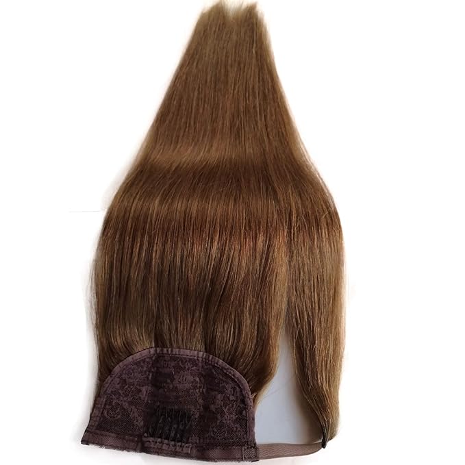 Ponytail Hair Extensions Remy Hair Ponytail Extension Clip in Hair Extensions Wrap Around Ponytail Hair Extensions Ash Brown Human Hair 16 inch Ponytail Natural Hair Extensions Straight for Women 80G