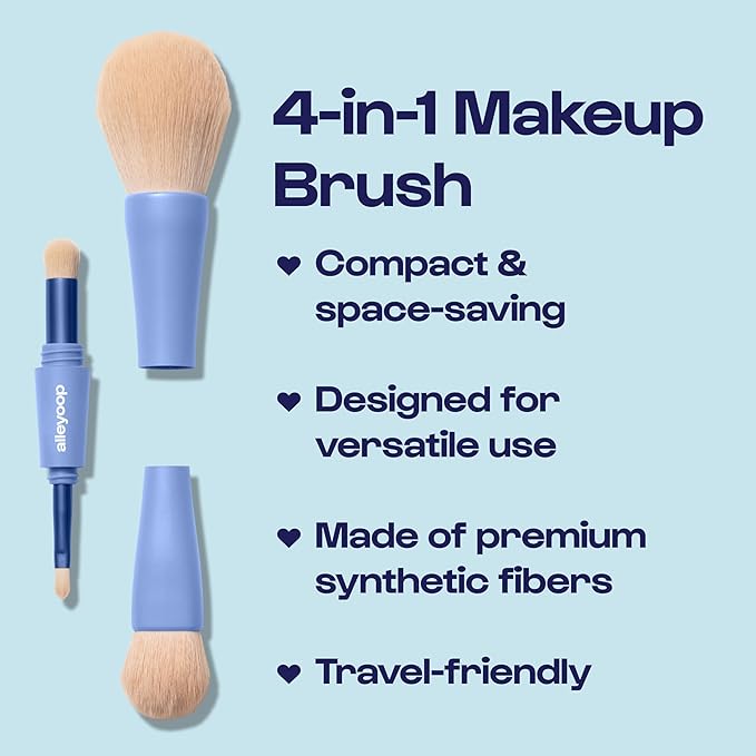 Alleyoop Overachiever 4-in-1 Travel Makeup Brush Set – Powder, Blending, Precision & Complexion Brushes – Mini Makeup Brush for Women, Vegan, Multi-Use & Travel-Friendly Makeup Tool