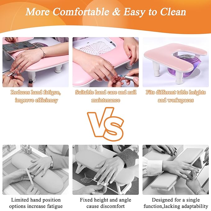 Arm Rest for Nails Tech, 3 Height Adjustatle Nail Arm Rest Stand, U Shaped Manicure Hand Rest, Soft PU Leather Fabric for Manicurists Nail Salon Supplies - Pink