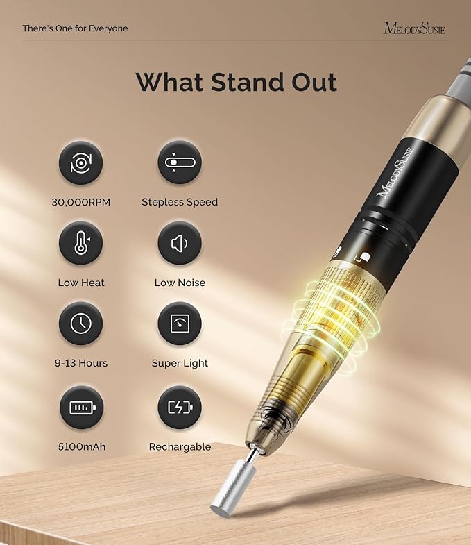 MelodySusie SC320C Electric Nail Drill Machine, Rechargeable 30000RPM Efile for Acrylic Nail, Portable Nail File with 6 Nail Drill Bit Set, SR3 Jade (Black)