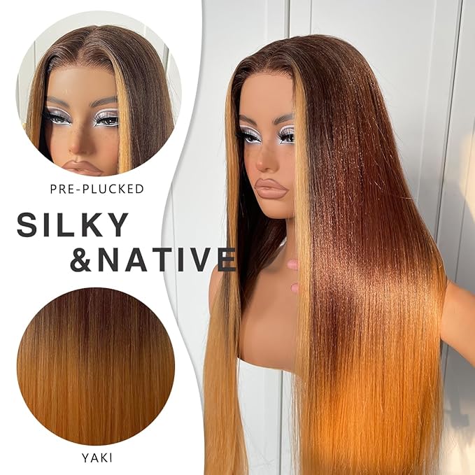 32inch Ombre Lace Front Wig pre plucked, Glueless Highlight Ombre Long Straight Lace Front Wigs Synthetic Highlight HD Lace Front Wig 1B/30/27
