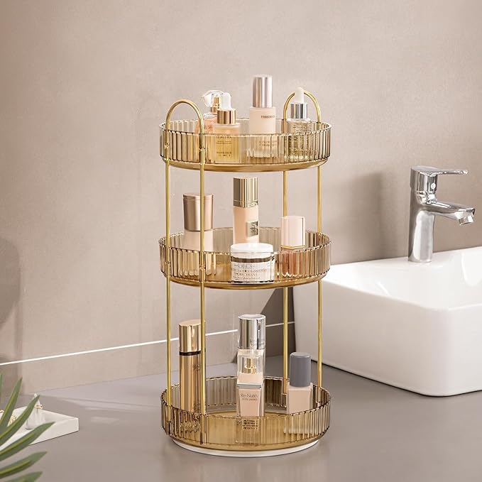 360 Rotating Makeup Organizer Countertop 3 Tier Bathroom Organizer Spinning Perfume Organizers, Skincare Organizers Makeup Carousel Cosmetic Brush Storage for Vanity, Countertop, Gold