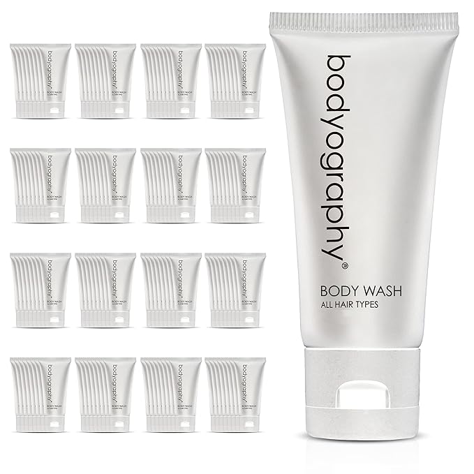 Bodyography blanc- Bulk Body Wash | 300 Count, 1.4oz | Vanilla White Tea, Mini Travel Size Toiletries (100% Recyclable Tube with Flip Top Cap) Hotel Amenities.