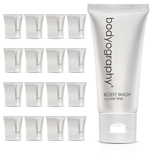 Bodyography blanc- Bulk Body Wash | 50 Count, 1.4oz | Vanilla White Tea, Mini Travel Size Toiletries (100% Recyclable Tube with Flip Top Cap) Hotel Amenities.