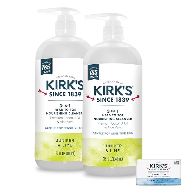 Kirk's 3-in-1 Head to Toe Nourishing Liquid Cleanser & Travel Size Bar Soap - for Men, Women & Children - Premium Coconut Oil and Aloe Vera- Non GMO & Vegan -Juniper & Lime - 32 Fl Oz. 2 pack