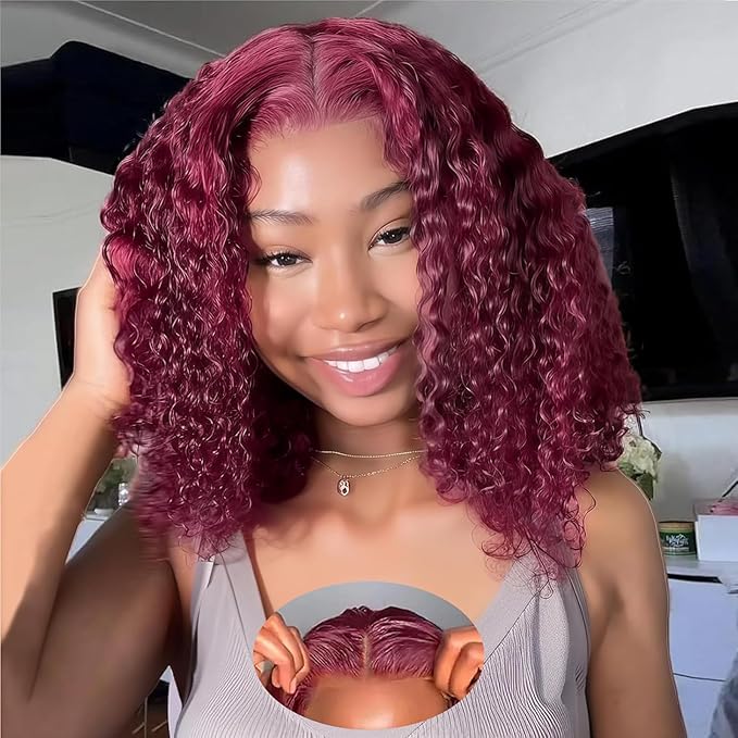 5×5 Closure Bob Wig Human Hair Glueless Wigs Human Hair Pre Plucked Pre Cut Short Curly Wig Water Wave Middle Part 99j Red Wigs for Women Lace Frontal Wigs for Black Women 12 Inch