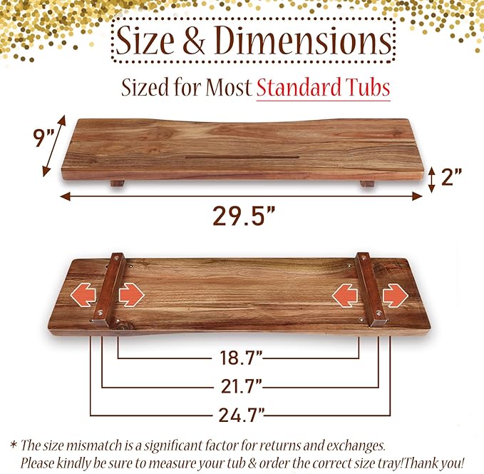 Premium Acacia Wood Bathtub Tray Caddy with Adjustable Legs, Minimalistic Design Bath Tray for Tub, Bathtub Accessories, Fit Standard and Against Wall Bath Tubs, Gift Idea for Women