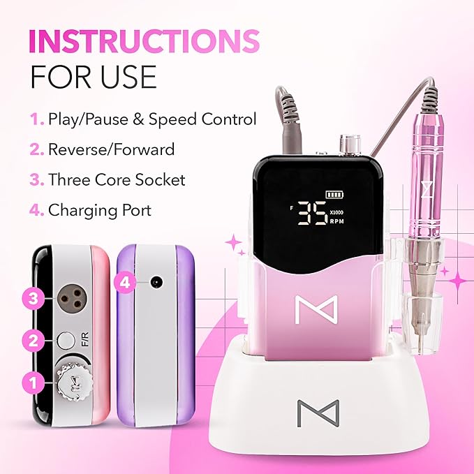 M Mase- Professional Nail Drill Machine - 2-in-1 Nail File - Cordless, 35000 RPM, HD Display - Gift for Her - Electric Nail Drill for Professional & Home Use (Unicorn Pink)