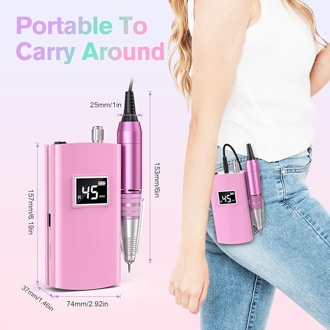 Beloving Portable Nail Drill Professional, 45000RPM Rechargeable Nail Drill Electric File Machine for Acrylic Gel Polish Remover, Cordless Nail Kit for Manicure Pedicure with 11 Bits for Salon Home
