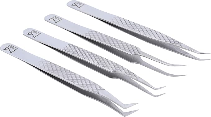 M LASH Tweezers for Eyelash Extensions (Set of 4) - Professional Lash Extension Tweezers - Fiber Tip, Japanese Steel, Diamond Grip (Silver)