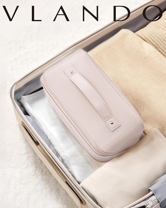 Vlando Makeup Travel Bag, PU Leather Portable Make up Organizer Bag Open Flat Toiletry Bag with Handle and Divider Gifts for Traveler Women Girls Apricot White