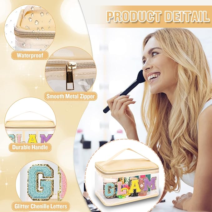 Chenille Letter Clear Makeup Bags Glam Pouch, Preppy Patch Makeup Bag Zipper with Handle, Transparent PVC & Nylon Waterproof Glitter Cosmetic Handbag Travel Toiletry Storage for Women Girl(GLAM-Beige)