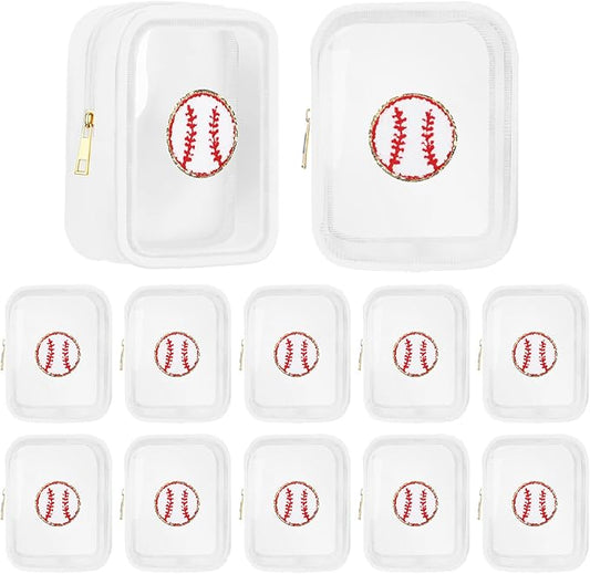 Reginary 12 Pcs Chenille Patch Gift Bags Senior Night Gift Bag Waterproof Travel Size Pack for Party Favors Team Stuff(White,Baseball)