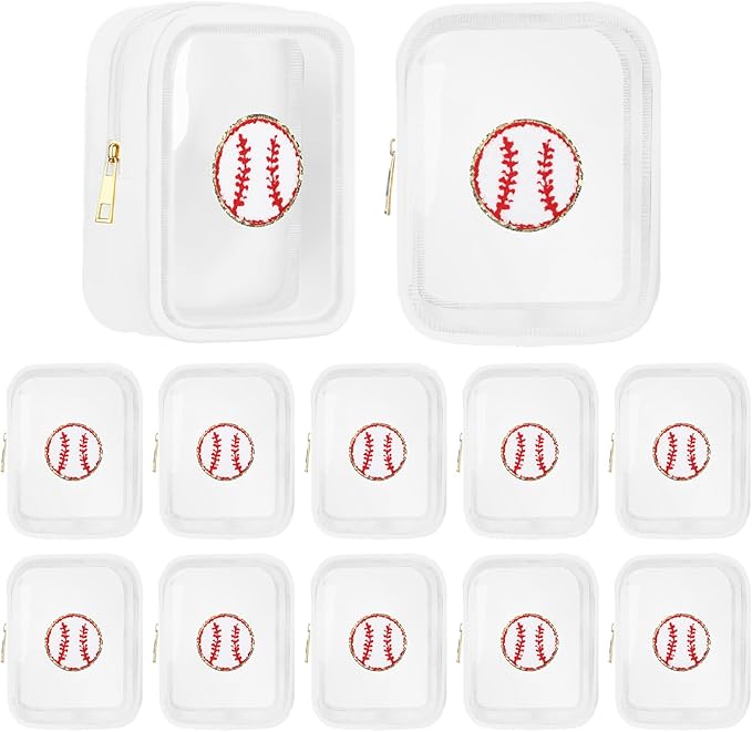 Reginary 12 Pcs Chenille Patch Gift Bags Senior Night Gift Bag Waterproof Travel Size Pack for Party Favors Team Stuff(White,Baseball)