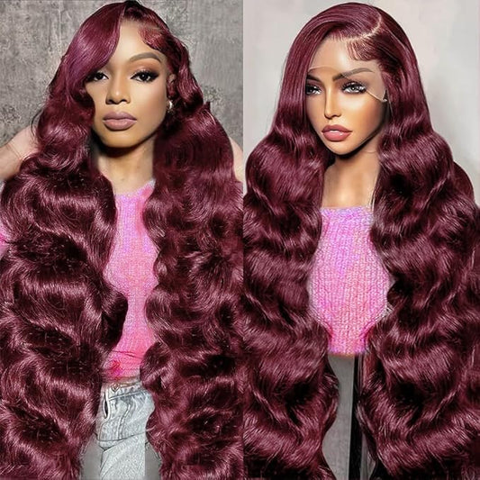 99j Burgundy Lace Front Wigs Human Hair Body Wave Lace Front Wigs Human Hair Pre Plucked 180% Density Wine Red Wig Human Hair Colored Wigs for Women 13x4 HD Lace Frontal Wigs Human Hair 28 inch