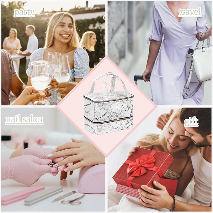 Nail Polish Organizer Case - Holds 30+ Bottles (15ml/0.5 fl.oz) and 1 Nail Lamp, Upgraded Double-layer Nail Polish Carrying Case Nail Storage Bag with Handles (WHITE)