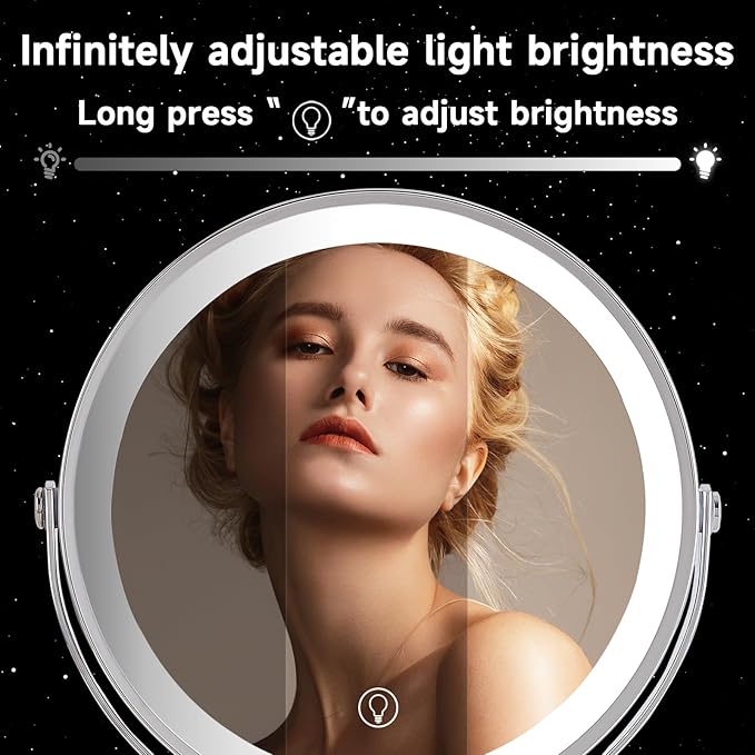 9"Lighted Makeup Mirror, Vanity Mirror with Lights,3000 mAh Rechargeable Height Adjustable,1x/10x Magnifying Mirror with 3 Color, Brightness Adjustable,360° Rotation Double Sided Mirror, Women Gift