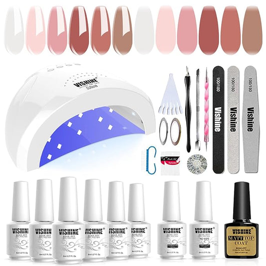 Vishine Gel Polish Starter Kit 48W LED UV Nail Dryer Curing Lamp Manicure Nail Tool Jelly Pink Milky White 6 Gel Color Set Base Top Coat Nail Art Gift Set C063