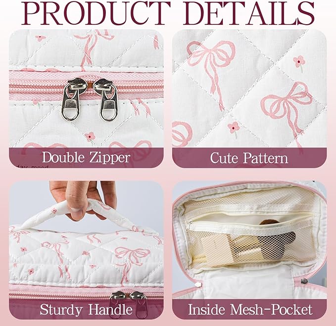 3Pcs Quilted Makeup Bag, Cute Floral Cotton Cosmetic Bag set, Coquette Bow Makeup Pouch Large Travel Toiletry Bag