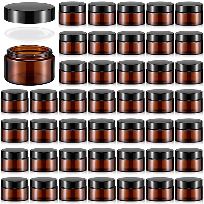 Domensi 60 Pcs 1oz Glass Jars with Lids Bulk Salve Tins Small Glass Candle Cosmetic Jars for Travel with Inner Liners Containers for Lotions Sample Cream(Amber, Black Lid)